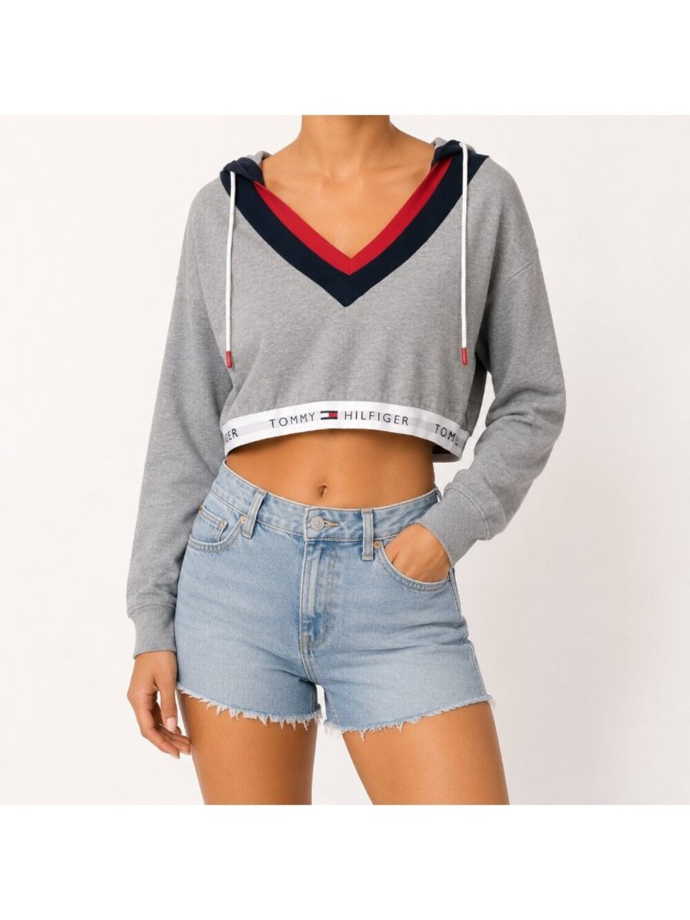 Tommy Hilfiger Grey Cropped Pullover Hoodie - Small